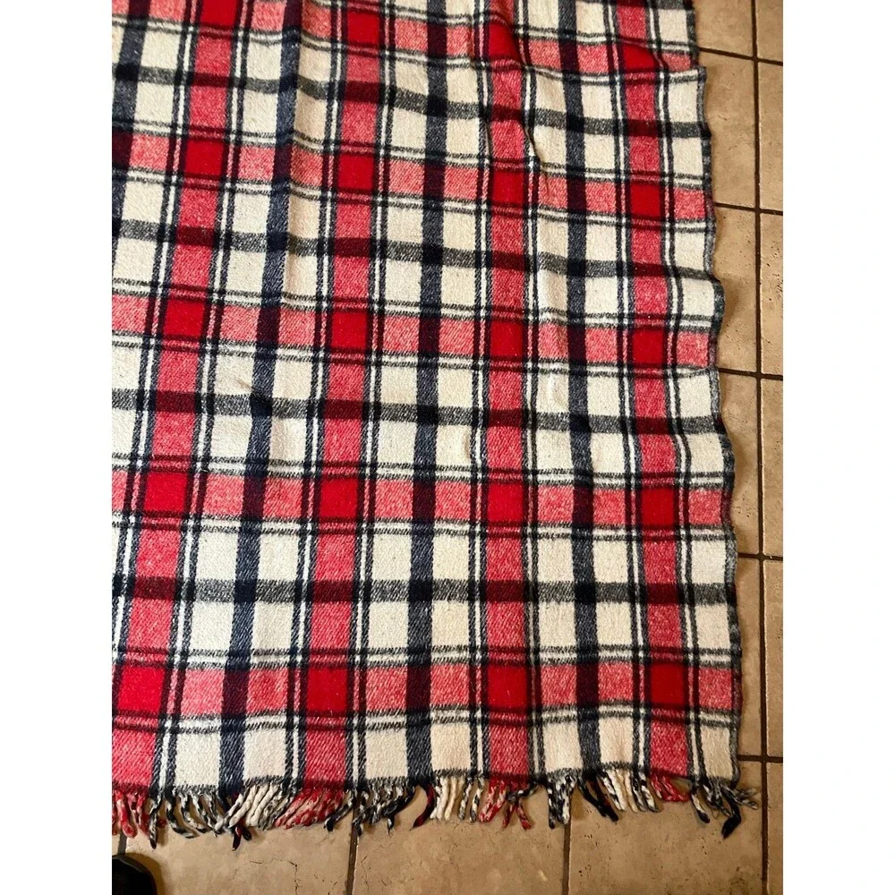 Pine Brooks Maroon Black White Plaid Reversible Fringe Blanket 59”x82” Vintage